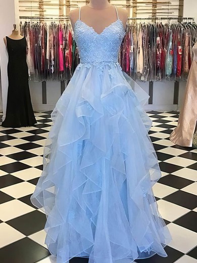 A-line V-neck Tulle Sweep Train Appliques Lace Prom Dresses #UKM020108129