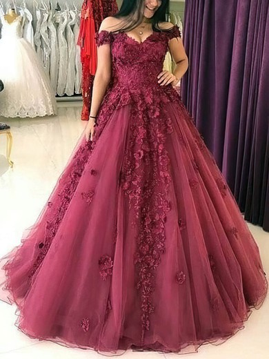 Ball Gown Off-the-shoulder Tulle Sweep Train Appliques Lace Prom Dresses #UKM020108130