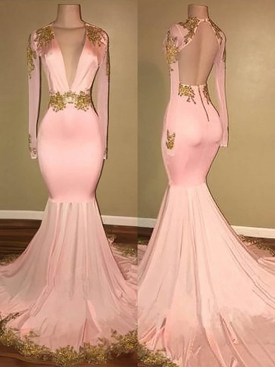 Trumpet/Mermaid V-neck Jersey Sweep Train Appliques Lace Prom Dresses #UKM020108137