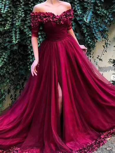 A-line Off-the-shoulder Tulle Sweep Train Flower(s) Prom Dresses #UKM020108138