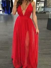 A-line Floor-length V-neck Tulle Ruffles Prom Dresses #UKM020108141