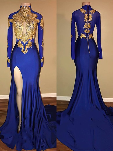 Trumpet/Mermaid High Neck Jersey Sweep Train Appliques Lace Prom Dresses #UKM020108145