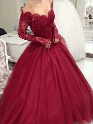 Ball Gown Off-the-shoulder Tulle Sweep Train Appliques Lace Prom Dresses #UKM020108148