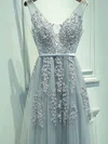 A-line V-neck Lace Tulle Sweep Train Appliques Lace Prom Dresses #UKM020108161