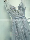 A-line V-neck Lace Tulle Sweep Train Appliques Lace Prom Dresses #UKM020108161
