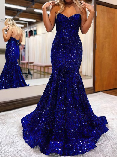 Trumpet/Mermaid Sweep Train Sweetheart Velvet Sequins Prom Dresses #UKM020108198