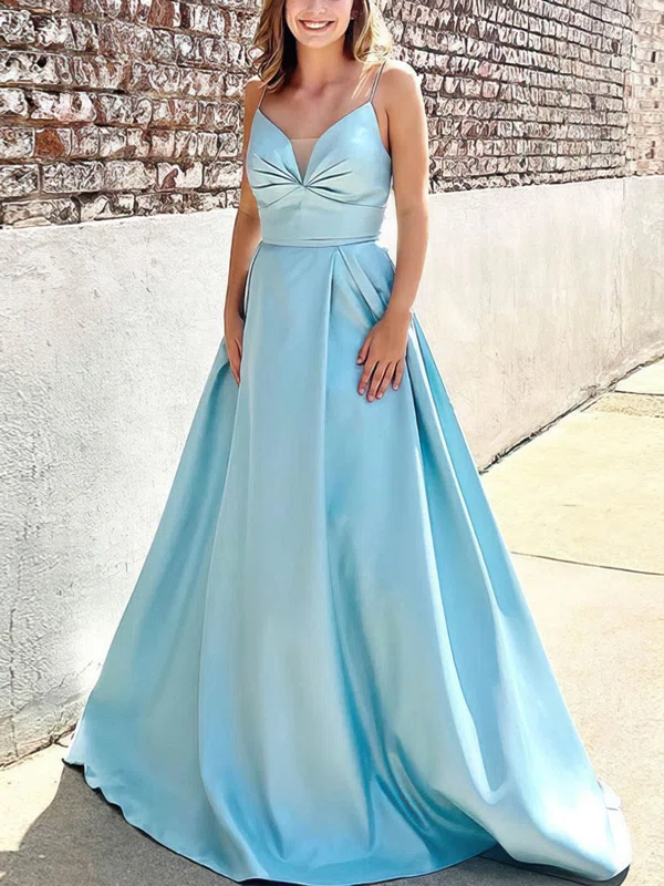 Ball Gown/Princess Sweep Train V-neck Satin Ruffles Prom Dresses #UKM020108199