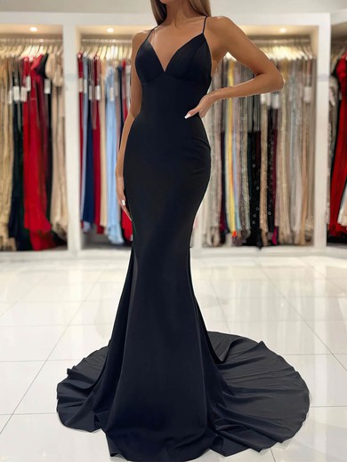 Trumpet/Mermaid Sweep Train V-neck Silk-like Satin Prom Dresses #UKM020108200