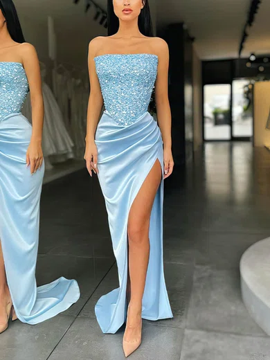 Sheath/Column Strapless Satin Prom Dresses With Beading #UKM020108204