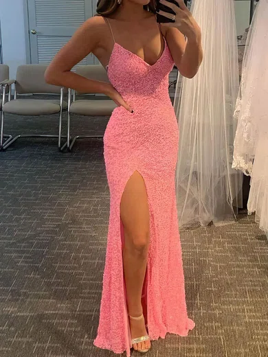 Sheath/Column V-neck Sparkly Sequin Prom Dresses #UKM020108168