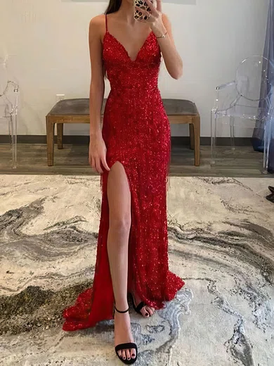 Sheath/Column V-neck Sparkly Sequin Prom Dresses With Fringe #UKM020108174