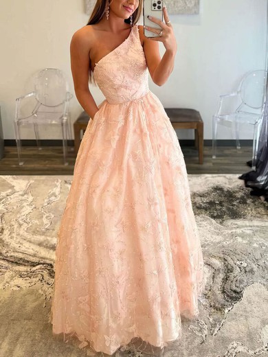 A-line One Shoulder Lace Sequined Sweep Train Beading Prom Dresses #UKM020108176