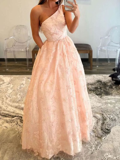 Ball Gown/Princess Floor-length One Shoulder Lace Beading Prom Dresses #UKM020108176