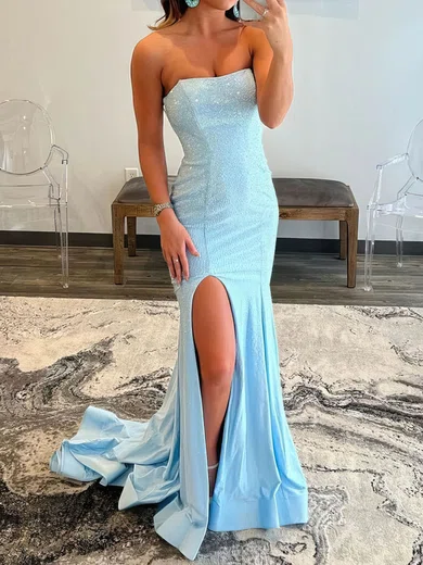 Sheath/Column Strapless Satin Beaded Prom Dresses #UKM020108177
