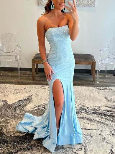 Trumpet/Mermaid Strapless Sequined Sweep Train Split Front Prom Dresses #UKM020108177