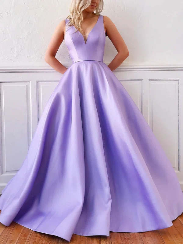 Ball Gown/Princess Sweep Train V-neck Satin Sleeveless Simple Prom Dress #UKM020108180