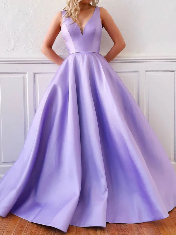 Ball Gown/Princess Sweep Train V-neck Satin Sleeveless Simple Prom Dress #UKM020108180