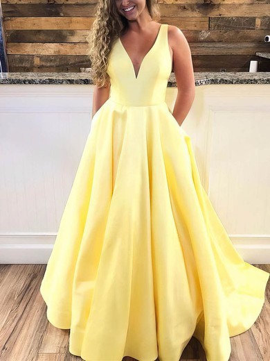 Ball Gown/Princess V-neck Satin Sweep Train Pockets Prom Dresses #UKM020108181