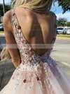 Ball Gown V-neck Tulle Sweep Train Beading Prom Dresses #UKM020108193