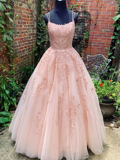 A-line Square Neckline Lace Tulle Sweep Train Appliques Lace Prom Dresses #UKM020108225