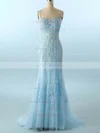 Trumpet/Mermaid Square Neckline Lace Tulle Sweep Train Appliques Lace Prom Dresses #UKM020108233