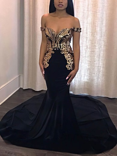 Trumpet/Mermaid Off-the-shoulder Jersey Sweep Train Beading Prom Dresses #UKM020108234