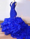 Trumpet/Mermaid V-neck Organza Sweep Train Beading Prom Dresses #UKM020108239