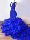 Trumpet/Mermaid V-neck Organza Sweep Train Beading Prom Dresses #UKM020108239
