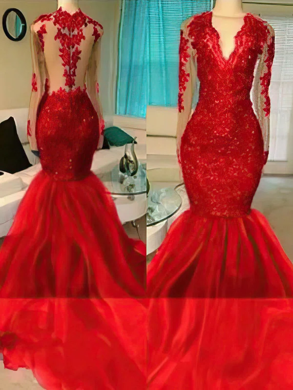 Trumpet/Mermaid Scoop Neck Lace Tulle Sweep Train Appliques Lace Prom Dresses #UKM020108242
