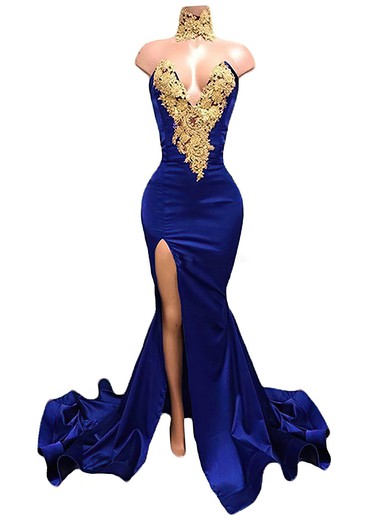 Trumpet/Mermaid V-neck Satin Sweep Train Beading Prom Dresses #UKM020108243