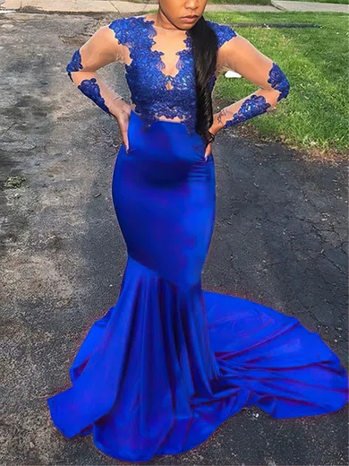 Trumpet/Mermaid Scoop Neck Silk-like Satin Sweep Train Appliques Lace Prom Dresses #UKM020108255