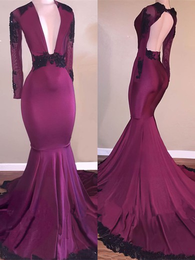 Trumpet/Mermaid V-neck Jersey Sweep Train Appliques Lace Prom Dresses #UKM020108279