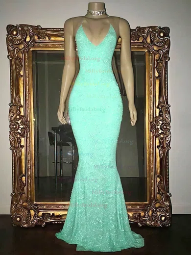 Mint V Neck Trumpet Mermaid Beading Bling Bling Prom Formal Dress