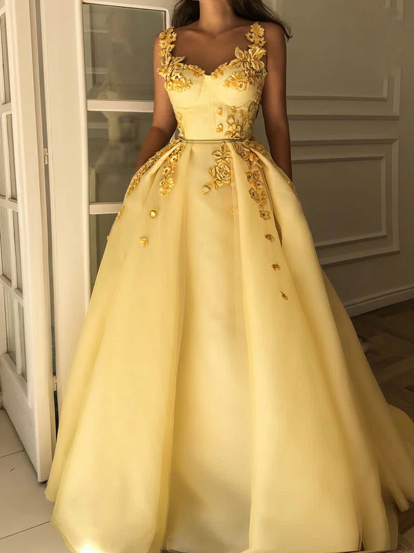 Ball Gown/Princess Sweep Train V-neck Organza Beading Prom Dresses #UKM020108293