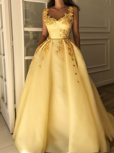 Ball Gown V-neck Organza Sweep Train Beading Prom Dresses #UKM020108293