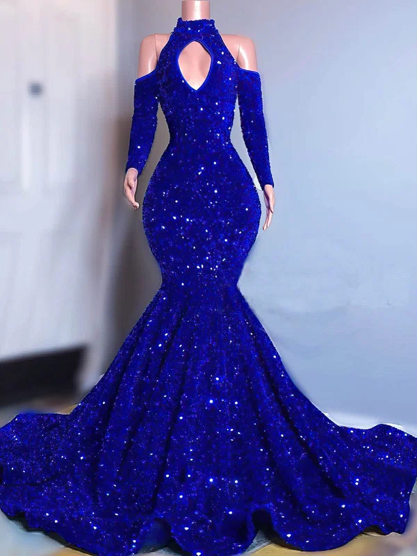 Trumpet/Mermaid Sweep Train High Neck Velvet Sequins Prom Dresses #UKM020108318