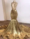 Trumpet/Mermaid High Neck Velvet Sweep Train Beading Prom Dresses #UKM020108322