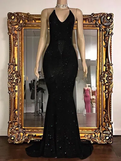 Mermaid V-neck Sparkly Sequin Prom Dresses #UKM020108330