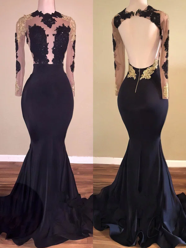 Mermaid Illusion Stretch Crepe Cut Out Prom Dresses With Appliques #UKM020108335