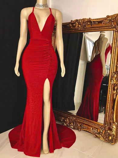 Sheath/Column V-neck Glitter Prom Dresses With Ruched #UKM020108339