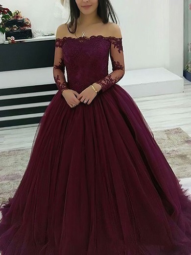 Ball Gown Off-the-shoulder Tulle Floor-length Appliques Lace Prom Dresses #UKM020108341