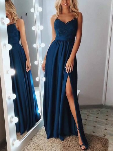 A-line Floor-length V-neck Silk-like Satin Appliques Lace Prom Dresses #UKM020108394