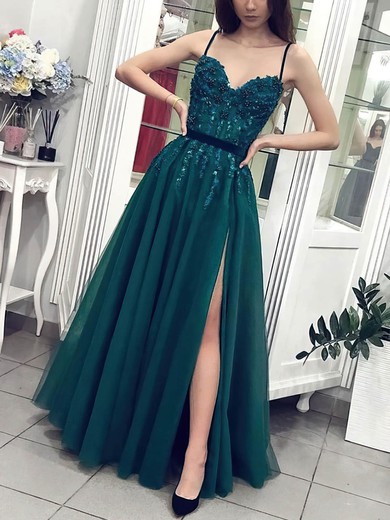 A-line V-neck Tulle Lace Sweep Train Beading Prom Dresses #UKM020108395