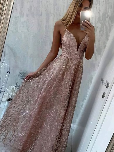 A-line V-neck Glitter Sweep Train Prom Dresses #UKM020108396