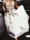 A-line V-neck Lace Sweep Train Flower(s) Prom Dresses #UKM020108397