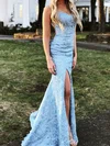 Trumpet/Mermaid Square Neckline Lace Sweep Train Appliques Lace Prom Dresses #UKM020108400
