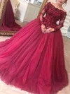 Ball Gown Off-the-shoulder Tulle Sweep Train Appliques Lace Prom Dresses #UKM020108404