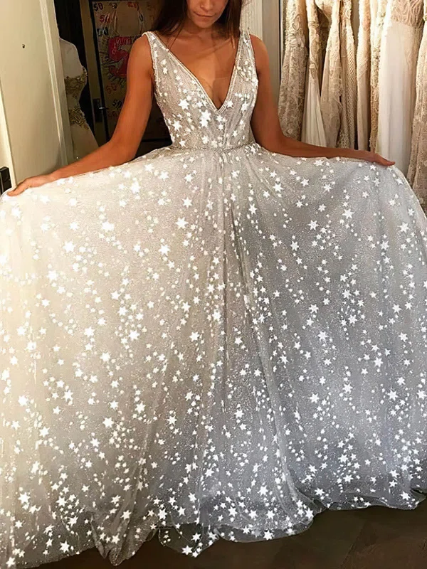 Ball Gown/Princess Sweep Train V-neck Glitter Prom Dresses #UKM020108405