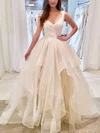 Ball Gown/Princess Floor-length V-neck Tulle Cascading Ruffles Prom Dresses #UKM020108406