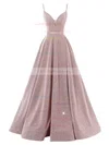 A-line V-neck Glitter Sweep Train Prom Dresses #UKM020108407